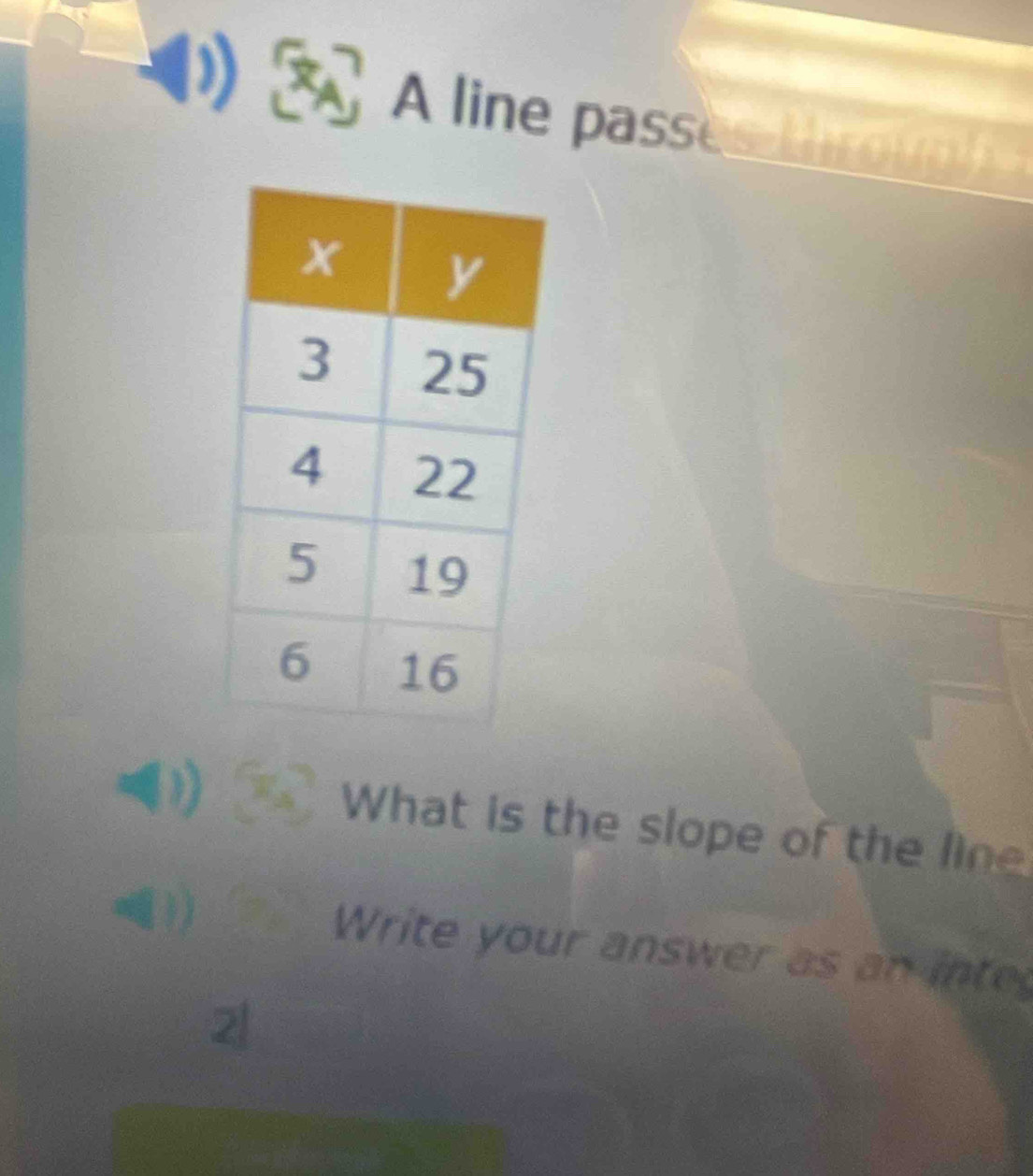 A line passes trough 
What is the slope of the line 
Write your answer as an inte