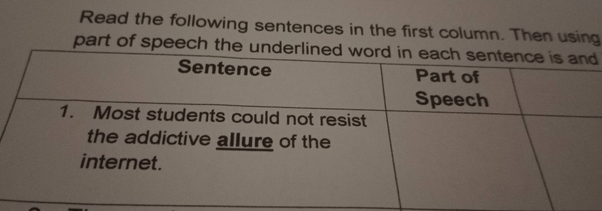 Read the following sentences in the first column. Then using 
part of speech th