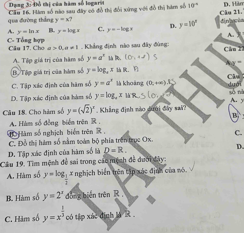 Dạng 3: Đồ thị của hàm số logarit
Câu 16. Hàm số nào sau đây có đồ thị đối xứng với đồ thị hàm số 10^(-x) D. Hàm
Câu 21.
qua đường thẳng y=x ?
D. y=10^x định của
A. y=ln x B. y=log x C. y=-log x
A y
C- Tổng hợp
Câu 17. Cho a>0,a!= 1. Khẳng định nào sau đây đúng:
Câu 22
A. Tập giá trị của hàm số y=a^x là R
A y=
B, Tập giá trị của hàm số y=log _ax là R.
Câu
C. Tập xác định của hàm số y=a^x là khoảng (0;+∈fty ). dưới
D. Tập xác định của hàm số y=log _ax là R .
số nà
A. y
Câu 18. Cho hàm số y=(sqrt(2))^x Khẳng định nào dưới đây sai?
B
A. Hàm số đồng biến trên R.
B. Hàm số nghịch biến trên R.
C.
C. Đồ thị hàm số nằm toàn bộ phía trên trục Ox.
D. Tập xác định của hàm số là D=R.
D.
Câu 19. Tìm mệnh đề sai trong các mệnh đề dưới đây:
A. Hàm số y=log _ 1/2 x nghịch biến trên tập xác định của nó.
B. Hàm số y=2^x đồng biến trên R.
C. Hàm số y=x^(frac 1)3 có tập xác định là R .