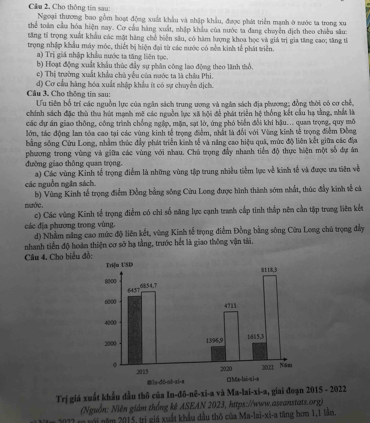 Cho thông tin sau:
Ngoại thương bao gồm hoạt động xuất khẩu và nhập khẩu, được phát triển mạnh ở nước ta trong xu
thể toàn cầu hóa hiện nay. Cơ cấu hàng xuất, nhập khẩu của nước ta đang chuyền dịch theo chiều sâu:
tăng tỉ trọng xuất khẩu các mặt hàng chế biến sâu, có hàm lượng khoa học và giá trị gia tăng cao; tăng tỉ
trọng nhập khẩu máy móc, thiết bị hiện đại từ các nước có nền kinh tế phát triển.
a) Trị giá nhập khẩu nước ta tăng liên tục.
b) Hoạt động xuất khẩu thúc đầy sự phân công lao động theo lãnh thổ.
c) Thị trường xuất khẩu chủ yếu của nước ta là châu Phi.
d) Cơ cấu hàng hóa xuất nhập khẩu ít có sự chuyển dịch.
Câu 3. Cho thông tin sau:
Uu tiên bố trí các nguồn lực của ngân sách trung ương và ngân sách địa phương; đồng thời có cơ chế,
chính sách đặc thù thu hút mạnh mẽ các nguồn lực xã hội để phát triển hệ thống kết cấu hạ tầng, nhất là
các dự án giao thông, công trình chống ngập, mặn, sạt lở, ứng phó biến đổi khí hậu... quan trọng, quy mô
lớn, tác động lan tỏa cao tại các vùng kinh tế trọng điểm, nhất là đối với Vùng kinh tế trọng điểm Đồng
bằng sông Cửu Long, nhằm thúc đầy phát triển kinh tế và nâng cao hiệu quả, mức độ liên kết giữa các địa
phương trong vùng và giữa các vùng với nhau. Chú trọng đầy nhanh tiến độ thực hiện một số dự án
đường giao thông quan trọng.
a) Các vùng Kinh tế trọng điểm là những vùng tập trung nhiều tiềm lực về kinh tế và được ưu tiên về
các nguồn ngân sách.
b) Vùng Kinh tế trọng điểm Đồng bằng sông Cửu Long được hình thành sớm nhất, thúc đầy kinh tế cả
nước.
c) Các vùng Kinh tế trọng điểm có chỉ số năng lực cạnh tranh cấp tỉnh thấp nên cần tập trung liên kết
các địa phương trong vùng.
d) Nhằm nâng cao mức độ liên kết, vùng Kinh tế trọng điểm Đồng bằng sông Cửu Long chú trọng đầy
nhanh tiến độ hoàn thiện cơ sở hạ tầng, trước hết là giao thông vận tải.
Câu 4. Cho biểu đồ:
Trị giá xuất khẩu dầu thô của In-đô-nê-xi-a và Ma-lai-xi-a, giai đoạn 2015 - 2022
(Nguồn: Niên giám thống kê ASEAN 2023, https://www.aseanstats.org)
2022 sọ với năm 2015, trị giá xuất khẩu dầu thô của Ma-lai-xi-a tăng hơn 1,1 lần.
