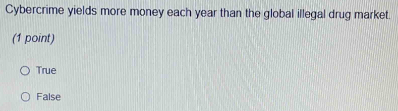 Cybercrime yields more money each year than the global illegal drug market.
(1 point)
True
False