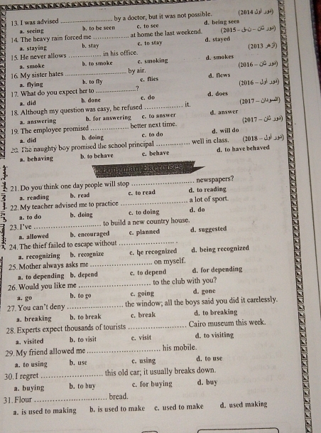 was advised by a doctor, but it was not possible. (2014)
14. The heavy rain forced me a. secing b. to be seen at home the last weekend. c. to see d. being seea (2015- G0 -  C )
a. staying b. stay c. to stay d. stayed
16. My sister hates_ ____by air._ _d. flews (2016 - ¿  à
15. He never allows in his office. (2013 A3)
a. smoke b. to smoke c. smoking d. smokes
b. to fly c. flies
17. What do you expect her to a. flying_
? (2016 -  )
a. did b. done c. do d. does
18. Although my question was easy, he refused it. (2017 - )
a. answering b. for answering e. to answer d. answer
19. The employee promised better next time. (2017 -¿ ハ
a. did b. doing c. to do d. will do
     
20. The naughty boy promised the school principal well in class. (2018 - )
a. behaving b. to behave c. behave d. to have behaved
Longman Exeroises
21. Do you think one day people will stop _newspapers?
a. reading b. read c. to read d. to reading
22. My teacher advised me to practice _a lot of sport.
a. to do b. doing c. to doing d. do
23.I’ve_ to build a new country house.
a. allowed b. encouraged c. planned d. suggested
24. The thief failed to escape without_
a. recognizing b. recognize c. be recognized d. being recognized
25. Mother always asks me _on myself.
a. to depending b. depend c. to depend d. for depending
26. Would you like me _to the club with you?
a go
b. to go c. going d. gone
27. You can't deny _the window; all the boys said you did it carelessly.
a. breaking b. to break c. break d. to breaking
28. Experts expect thousands of tourists _Cairo museum this week.
a. visited b. to visit c. visit d. to visiting
29. My friend allowed me_ his mobile.
a. to using b. use c. using d. to use
30. I regret _this old car; it usually breaks down.
a. buying b. to buy c. for buying d. buy
31. Flour _bread.
a. is used to making b. is used to make c. used to make d. used making