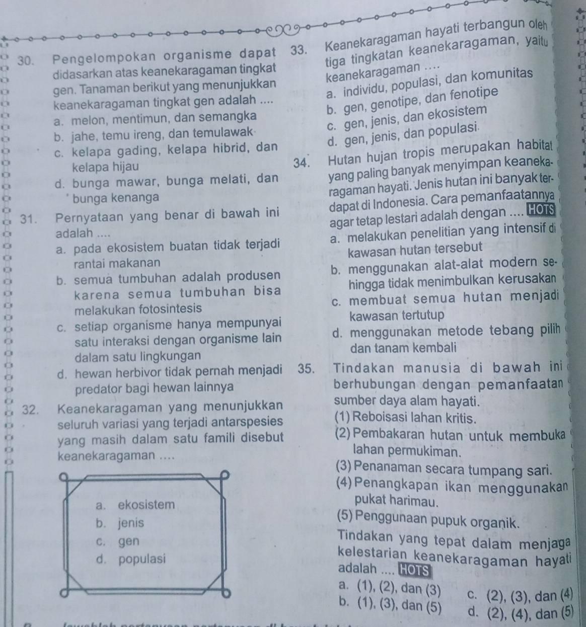 a 30. Pengelompokan organisme dapat  33. Keanekaragaman hayati terbangun oleh
a didasarkan atas keanekaragaman tingkat tiga tingkatan keanekaragaman, yait
keanekaragaman ....
a. individu, populasi, dan komunitas
0 gen. Tanaman berikut yang menunjukkan
b. gen, genotipe, dan fenotipe
keanekaragaman tingkat gen adalah ....
c. gen, jenis, dan ekosistem
a. melon, mentimun, dan semangka
D c. kelapa gading, kelapa hibrid, dan d. gen, jenis, dan populasi.

b. jahe, temu ireng, dan temulawak
kelapa hijau
34. Hutan hujan tropis merupakan habitat
d. bunga mawar, bunga melati, dan yang paling banyak menyimpan keaneka.
t
bunga kenanga
ragaman hayati. Jenis hutan ini banyak ter-
31. Pernyataan yang benar di bawah ini dapat di Indonesia. Cara pemanfaatannya
agar tetap lestari adalah dengan .... HOTS
adalah ....
a. pada ekosistem buatan tidak terjadi a. melakukan penelitian yang intensif di
rantai makanan kawasan hutan tersebut
b. semua tumbuhan adalah produsen b. menggunakan alat-alat modern se-
karena semua tumbuhan bisa hingga tidak menimbulkan kerusakan
melakukan fotosintesis c. membuat semua hutan menjadi
o
kawasan tertutup
c. setiap organisme hanya mempunyai
satu interaksi dengan organisme lain d. menggunakan metode tebang pilih
dan tanam kembali
dalam satu lingkungan
d. hewan herbivor tidak pernah menjadi  35. Tindakan manusia di bawah ini
predator bagi hewan lainnya berhubungan dengan pemanfaatan
32. Keanekaragaman yang menunjukkan sumber daya alam hayati.
seluruh variasi yang terjadi antarspesies (1) Reboisasi lahan kritis.
yang masih dalam satu famili disebut (2) Pembakaran hutan untuk membuka
lahan permukiman.
0 keanekaragaman ....(3) Penanaman secara tumpang sari.
(4)Penangkapan ikan menggunakan
pukat harimau.
(5) Penggunaan pupuk organik.
Tindakan yang tepat dalam menjaga
kelestarian keanekaragaman hayati
adalah .... HOTS
a. (1), (2), dan (3) c. (2), (3), dan (4)
b. (1), (3), dan (5) d. (2), (4), dan (5)