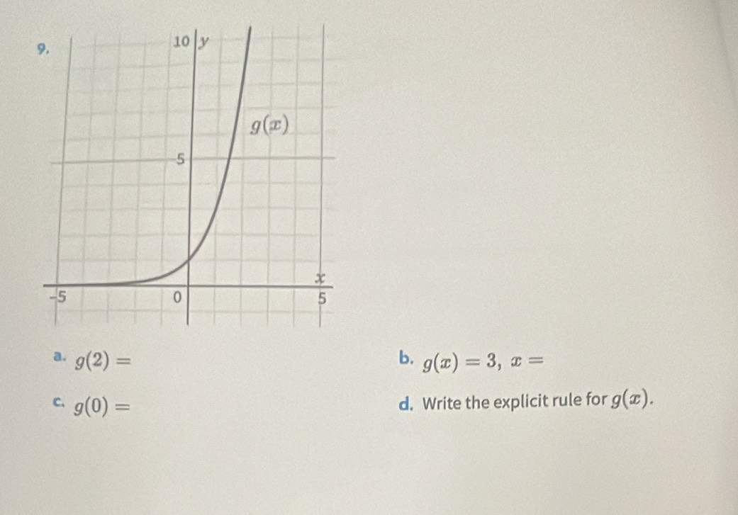 a. g(2)= b. g(x)=3,x=
C. g(0)= d. Write the explicit rule for g(x).