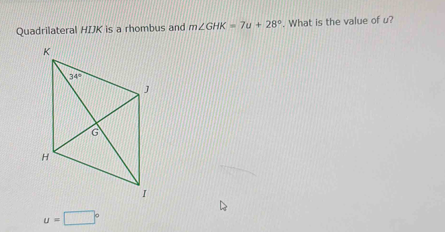 Solved: Quadrilateral HIJK is a rhombus and m∠ GHK=7u+28°. What is the ...