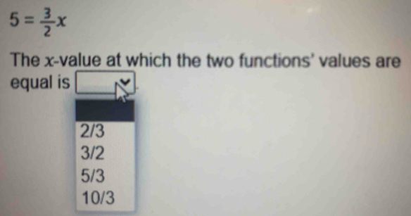 5= 3/2 x
The x -value at which the two functions' values are 
equal is