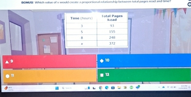 nowust which value of x would create a peoportional relationship between total pages read and time
10
11
12