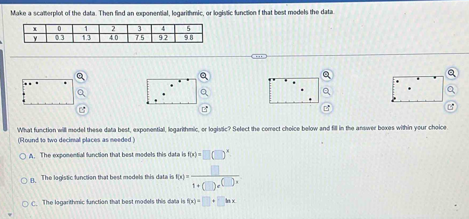 Make a scatterplot of the data. Then find an exponential, logarithmic, or logistic function f that best models the data.
C
What function will model these data best, exponential, logarithmic, or logistic? Select the correct choice below and fill in the answer boxes within your choice.
(Round to two decimal places as needed )
A. The exponential function that best models this data is f(x)=□ (□ )^x
B. The logistic function that best models this data is f(x)=frac □ 1+(□ )e^((_ ))x
C. The logarithmic function that best models this data is f(x)=□ +□ ln x