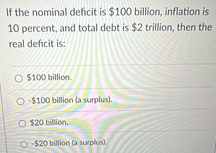 If the nominal defcit is $100 billion, inflation is
10 percent, and total debt is $2 trillion, then the
real defcit is:
$100 billion.
- $100 billion (a surplus).
$20 billion.
- $20 billion (a surplus).