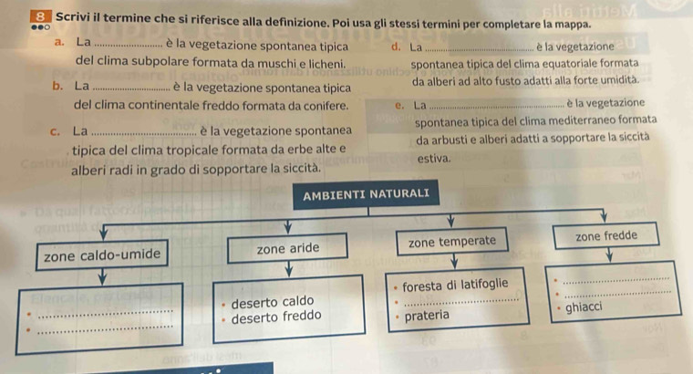 Scrivi il termine che si riferisce alla definizione. Poi usa gli stessi termini per completare la mappa.
a. La_ è la vegetazione spontanea tipica d. La_ è la vegetazione
del clima subpolare formata da muschi e licheni. spontanea tipica del clima equatoriale formata
b. La _è la vegetazione spontanea tipica da alberi ad alto fusto adatti alla forte umidità.
del clima continentale freddo formata da conifere. e. La_ è la vegetazione
c. La _è la vegetazione spontanea spontanea tipica del clima mediterraneo formata
tipica del clima tropicale formata da erbe alte e da arbusti e alberi adatti a sopportare la siccità
estiva.
alberi radi in grado di sopportare la siccità.
AMBIENTI NATURALI
zone caldo-umide zone aride zone temperate zone fredde
deserto caldo foresta di latifoglie *
_
_
_deserto freddo prateria ghiacci