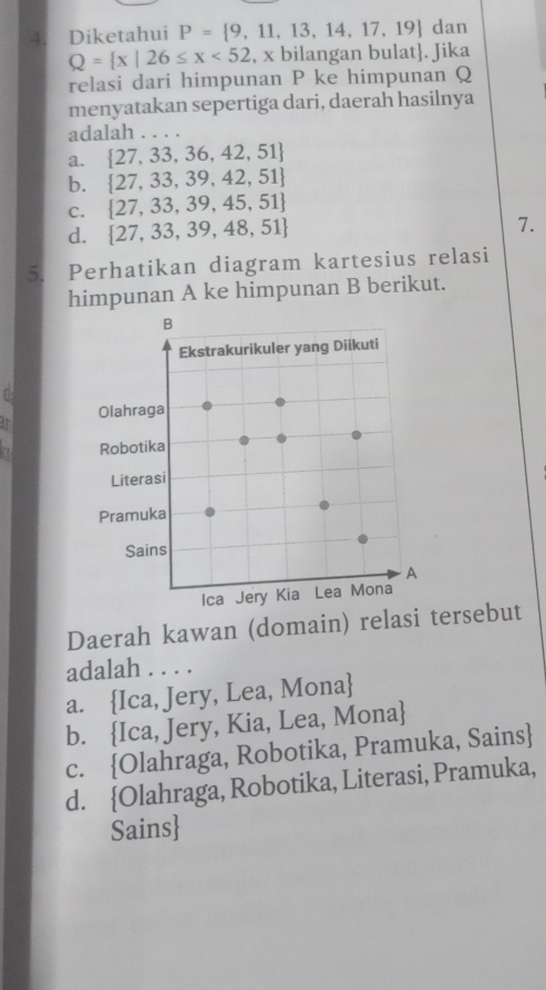 Diketahui P= 9,11,13,14,17,19 dan
Q= x|26≤ x<52</tex> , x bilangan bulat. Jika
relasi dari himpunan P ke himpunan Q
menyatakan sepertiga dari, daerah hasilnya
adalah . . . .
a.  27,33,36,42,51
b.  27,33,39,42,51
C.  27,33,39,45,51
d.  27,33,39,48,51
7.
5. Perhatikan diagram kartesius relasi
himpunan A ke himpunan B berikut.
C
r
Daerah kawan (domain) relasi ersebut
adalah . . . .
a. Ica, Jery, Lea, Mona
b. Ica, Jery, Kia, Lea, Mona
c. Olahraga, Robotika, Pramuka, Sains
d. Olahraga, Robotika, Literasi, Pramuka,
Sains