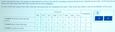 A camn in tesel three times. As outcome is repesented by a string of the sam HTT [meaning a lead on the first toss, follewed by tiwo laik). The 8 outcornes or
listed in the table below. Note that eack outrome has the sae srobobility.
For each of the three Exents in the tabile, therk the outcome(s) that ase contained in the event. Then, in the last colunn, enter the probability of the event.