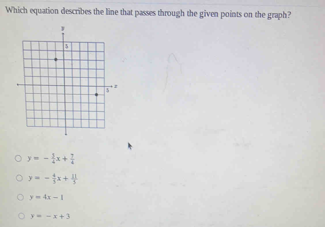 Which equation describes the line that passes through the given points on the graph?
y=- 5/4 x+ 7/4 
y=- 4/5 x+ 11/5 
y=4x-1
y=-x+3