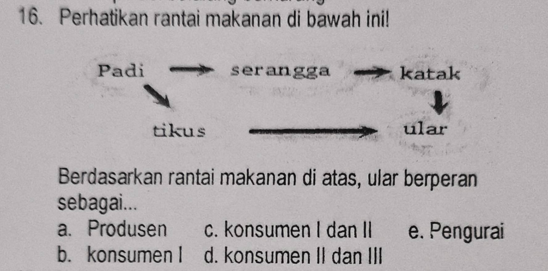 Perhatikan rantai makanan di bawah ini!
Padi serangga katak
tikus ular
Berdasarkan rantai makanan di atas, ular berperan
sebagai...
a. Produsen c. konsumen I dan I e. Pengurai
b. konsumen I d. konsumen II dan III