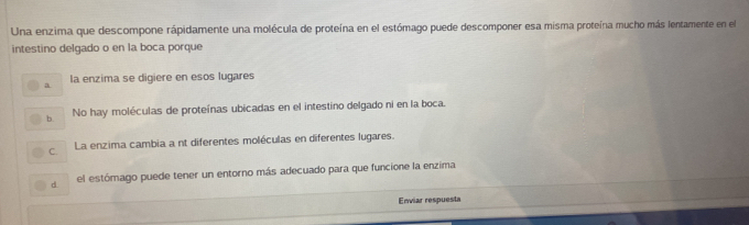 Una enzima que descompone rápidamente una molécula de proteína en el estómago puede descomponer esa misma proteína mucho más lentamente en el
intestino delgado o en la boca porque
a la enzima se digiere en esos lugares
b. No hay moléculas de proteínas ubicadas en el intestino delgado ni en la boca.
C. La enzima cambia a nt diferentes moléculas en diferentes lugares.
d el estómago puede tener un entorno más adecuado para que funcione la enzima
Enviar respuesta