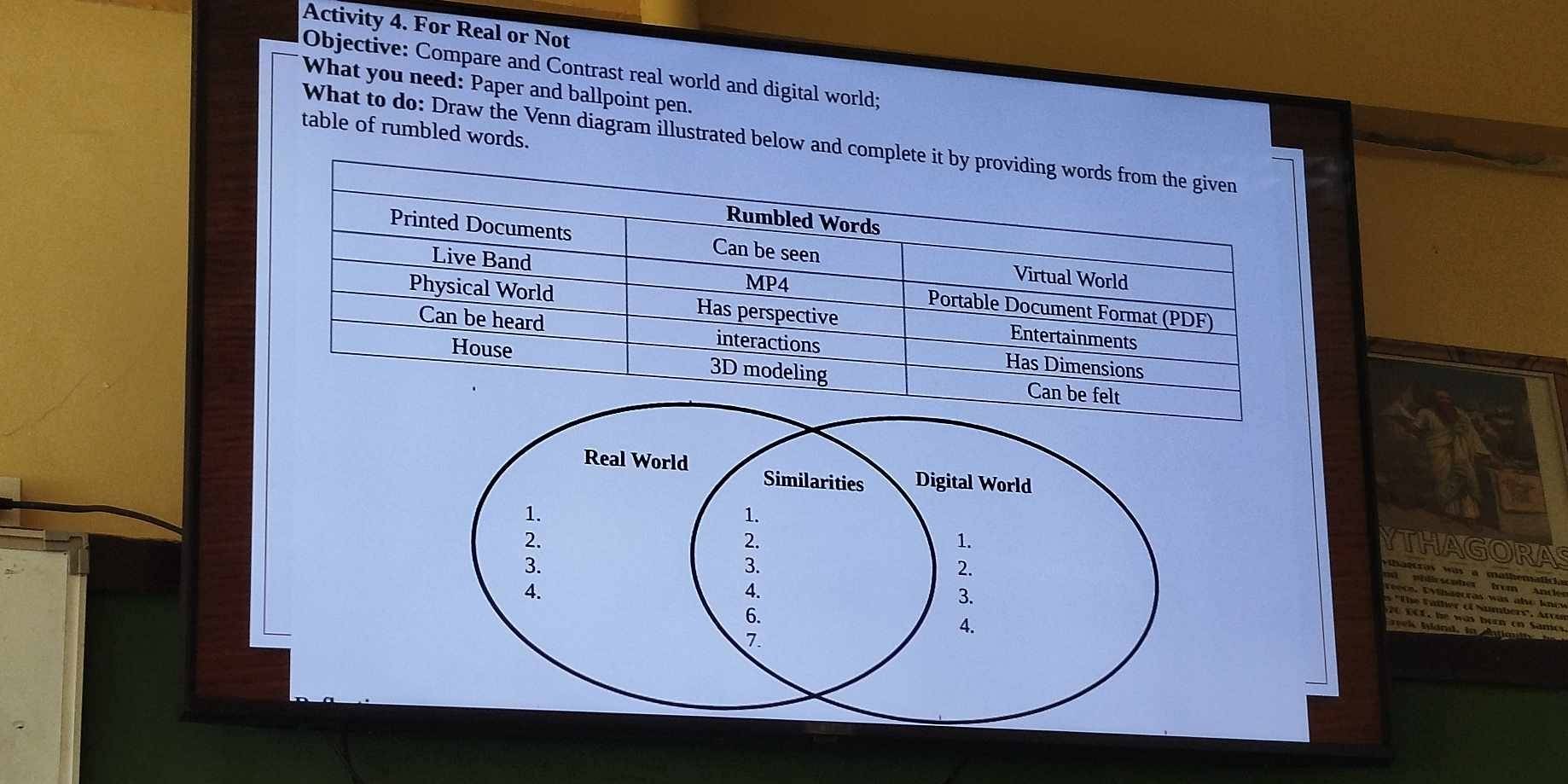 Activity 4. For Real or Not 
Objective: Compare and Contrast real world and digital world; 
What you need: Paper and ballpoint pen. 
table of rumbled words. 
What to do: Draw the Venn diagram illustrated below an 
Real World Similarities Digital World 
1. 
1. 
2. 
2. 
1. 
3. 
3. 
2. 
4. 
4. 
3. 
6. 
4. 
7.