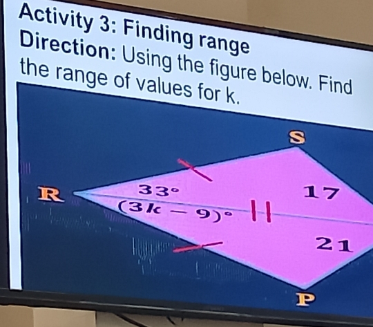 Activity 3: Finding range
Direction: Using the figure below. Find
the range of values for k.