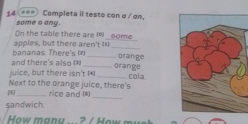 Completa il testo con α / an, 
some o any. 
On the table there are (△)_ some 
_ 
apples, but there aren't (1) 
bananas. There’s (2) _orange 
and there's also (³) _orange 
juice, but there isn’t (4) _cola. 
Next to the orange juice, there's 
_ 
(5)_ rice and (6) 
sandwich. 
How manu . 2 / How mụ