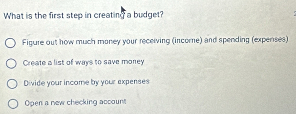 What is the first step in creating a budget?
Figure out how much money your receiving (income) and spending (expenses)
Create a list of ways to save money
Divide your income by your expenses
Open a new checking account