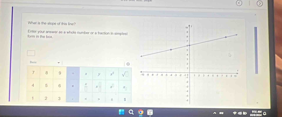 What is the slope of this line? 
Enter your answer as a whole number or a fraction in simplest 
form in the box. 
Basic
7 8 9 + x y x^2 sqrt(□ )
4 5 6 ×  x/□   x^(□) x_□ 
1 2 3 < 7 + $