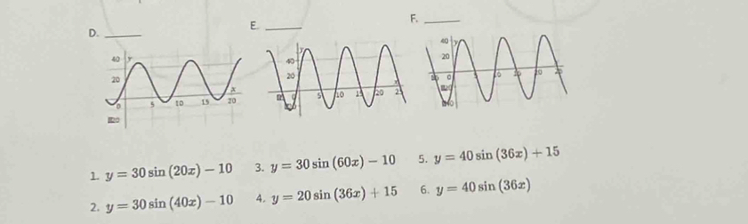 1 y=30sin (20x)-10 3. y=30sin (60x)-10 5. y=40sin (36x)+15
2. y=30sin (40x)-10 4. y=20sin (36x)+15 6. y=40sin (36x)