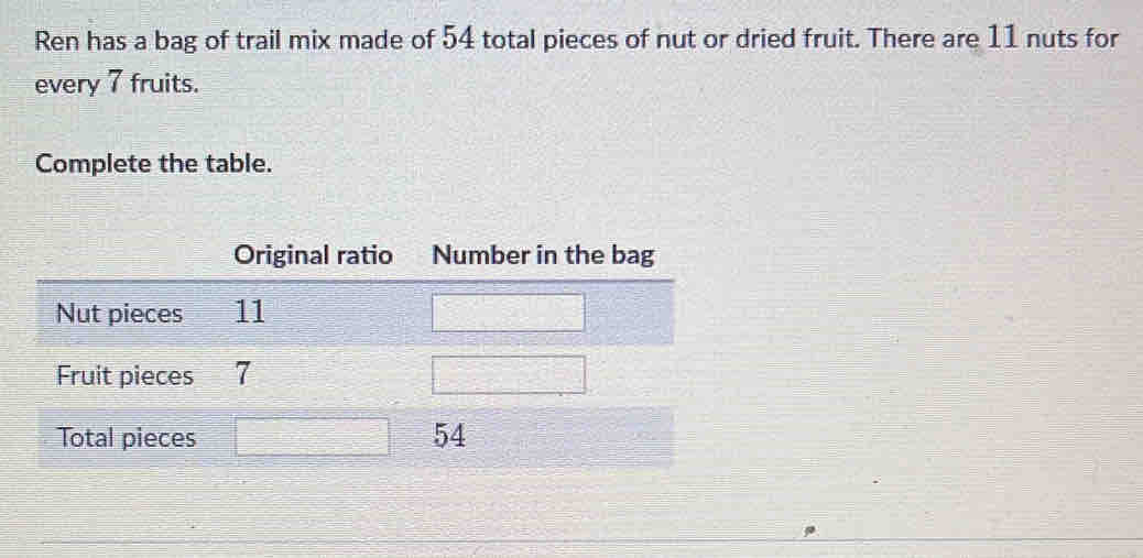 Solved: Ren has a bag of trail mix made of 54 total pieces of nut or ...