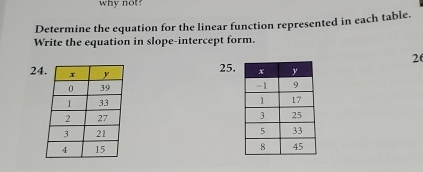 why not? 
Determine the equation for the linear function represented in each table. 
Write the equation in slope-intercept form.
26
25.
24