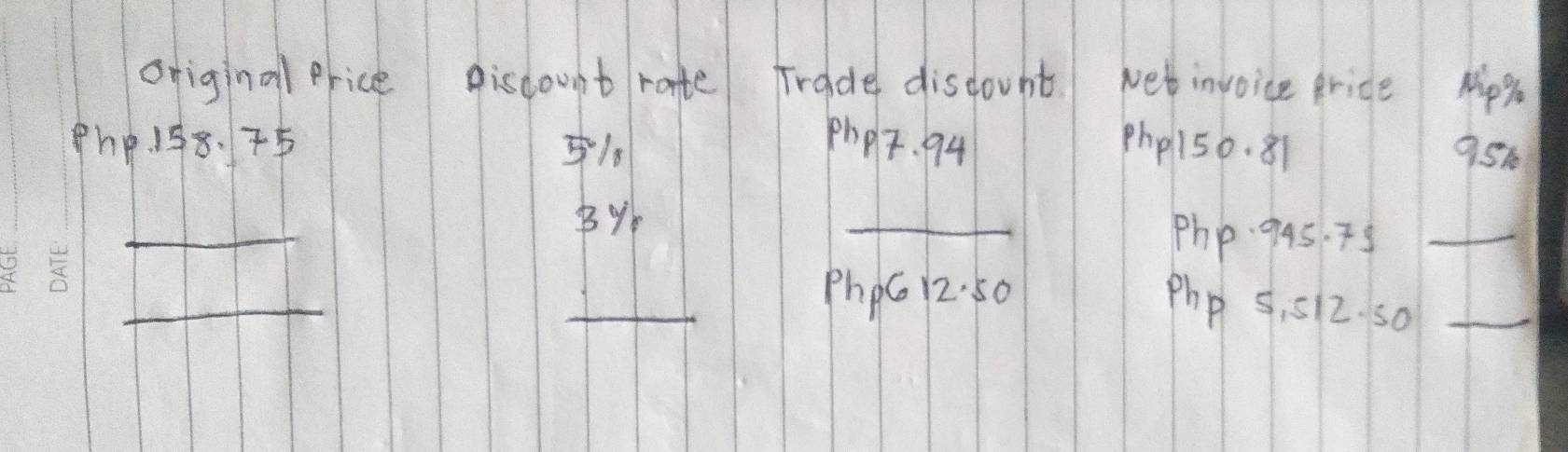 originalerice pisdount rate Trade discouht. Net invoice grice Mipy
h18.7 phP . 94 php 150. 81 95
_
B%
_ Php. gas. 7s _ 
_ 
I 
_ Phpc 12· 50
Php s, 512. so_