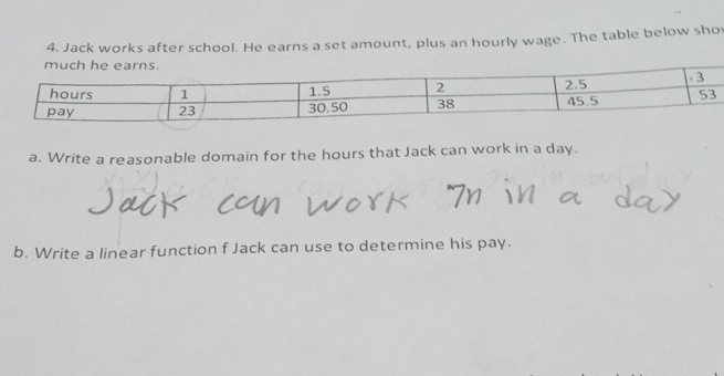 Jack works after school. He earns a set amount, plus an hourly wage. The table below sho 
a. Write a reasonable domain for the hours that Jack can work in a day. 
b. Write a linear function f Jack can use to determine his pay.