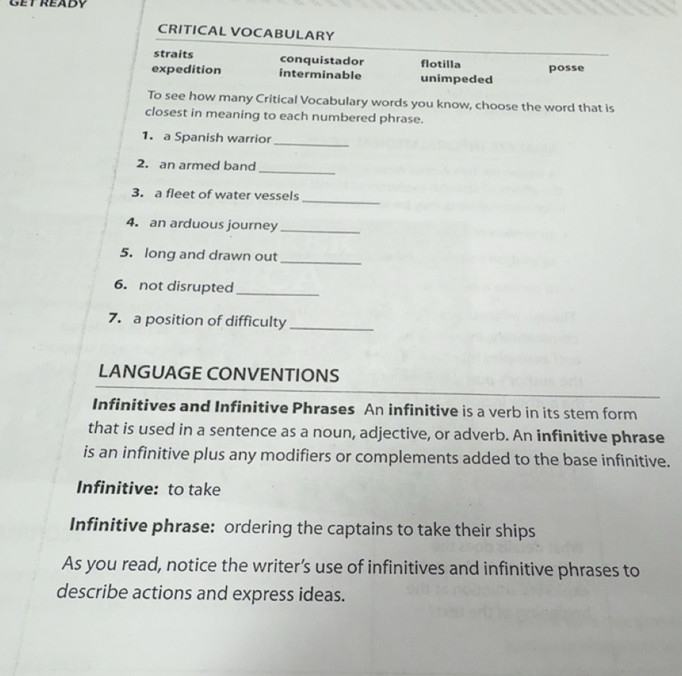 Solved: GETREADY CRITICAL VOCABULARY straits conquistador flotilla ...