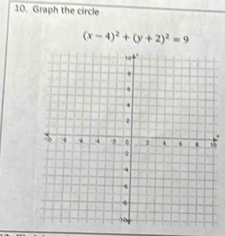 Graph the circle
(x-4)^2+(y+2)^2=9
6