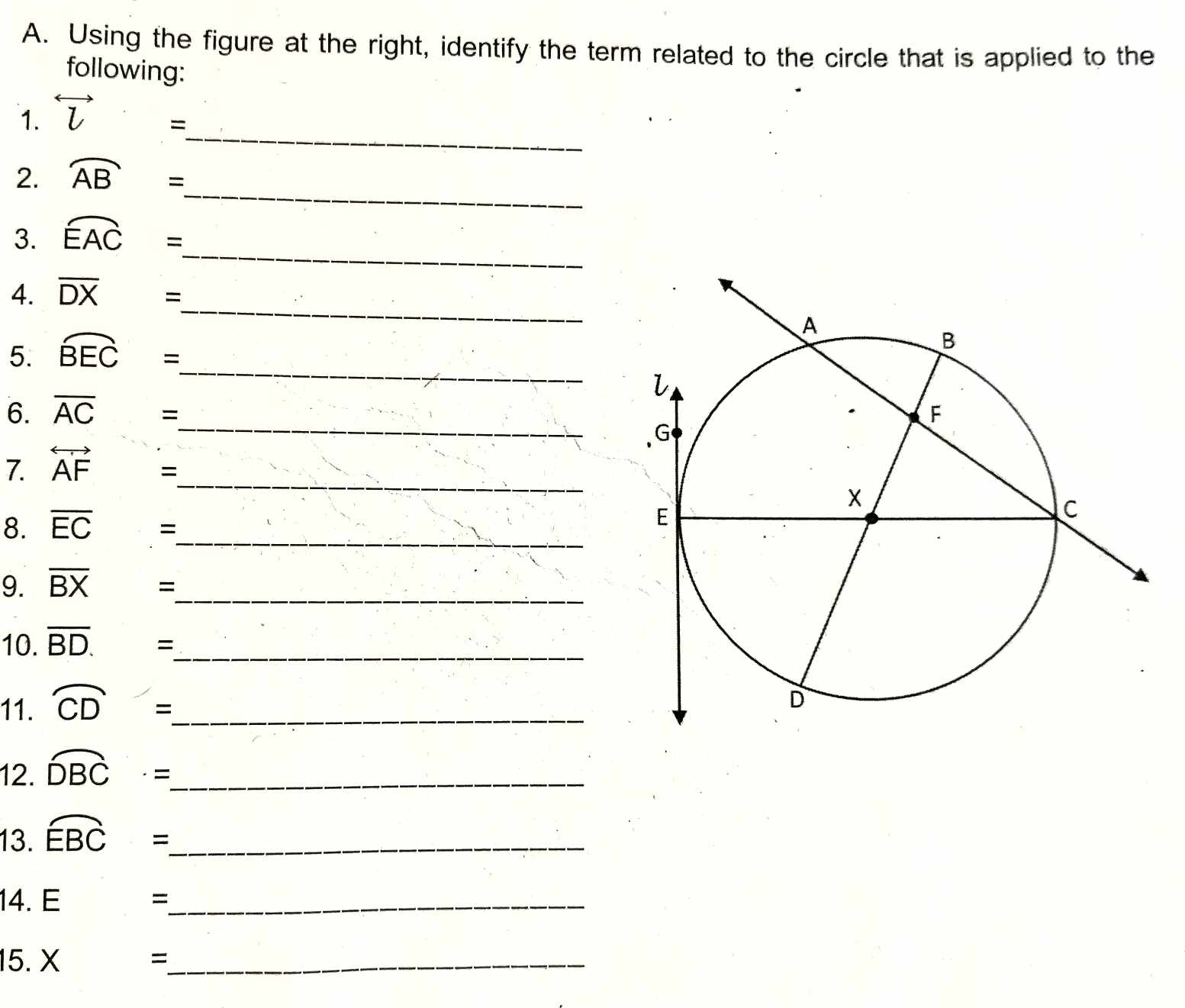 Using the figure at the right, identify the term related to the circle that is applied to the 
following: 
_ 
1. overleftrightarrow l=
_ 
2. widehat AB=
_ 
3. widehat EAC=
_ 
4. overline DX=
5. widehat BEC=
_ 
_ 
6. overline AC=
7. overleftrightarrow AF= _ 
8. overline EC= _ 
9. overline BX= _ 
10. overline BD.= _ 
11. widehat CD= _ 
12. widehat DBC· = _ 
13. widehat EBC= _ 
14. E =_ 
15. X = _