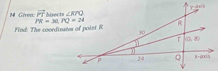 Given: vector PT bisects
PR=30,PQ=24