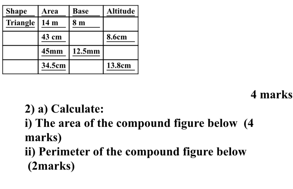 Calculate: 
i) The area of the compound figure below (4 
marks) 
ii) Perimeter of the compound figure below 
(2marks)