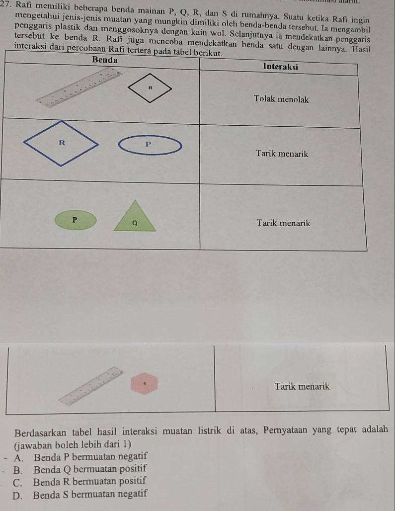 Rafī memiliki beberapa benda mainan P, Q, R, dan S di rumahnya. Suatu ketika Rafi ingin
mengetahui jenis-jenis muatan yang mungkin dimiliki oleh benda-benda tersebut. Ia mengambil
penggaris plastik dan menggosoknya dengan kain wol. Selanjutnya ia mendekatkan penggaris
tersebut ke benda R. Rafi juga mencoba mendekatkan benda satu
interaks
Tarik menarik
Berdasarkan tabel hasil interaksi muatan listrik di atas, Pernyataan yang tepat adalah
(jawaban boleh lebih dari 1)
A. Benda P bermuatan negatif
B. Benda Q bermuatan positif
C. Benda R bermuatan positif
D. Benda S bermuatan negatif