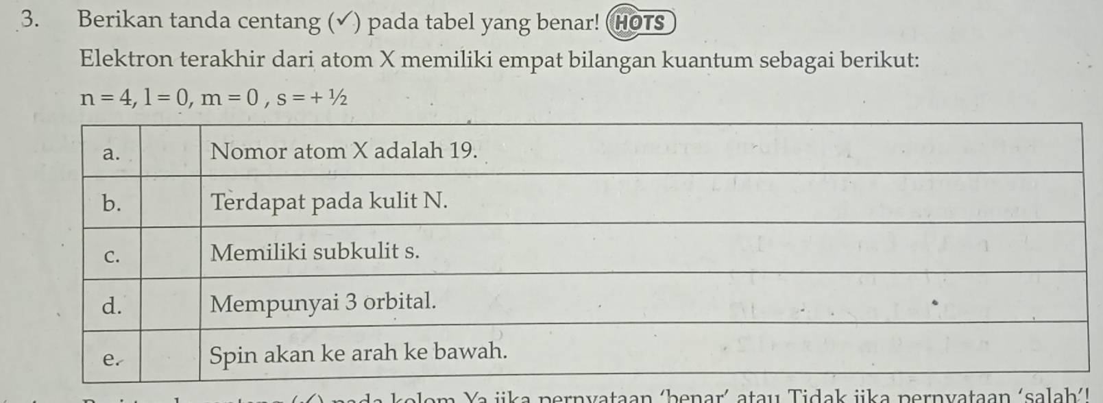 Berikan tanda centang (√) pada tabel yang benar! (HOTS 
Elektron terakhir dari atom X memiliki empat bilangan kuantum sebagai berikut:
n=4, l=0, m=0, s=+1/2
n Y a jika pernyataan ‘benar´ atau Tidak jika pernyataan ‘salah''