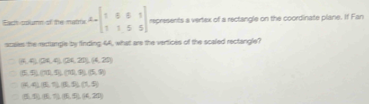 Eac columm of the matrs A=beginbmatrix 1&8&8&1 1&1&5&5endbmatrix represents a vertex of a rectangle on the coordinate plane. If Fan
scales the rectiangle by finding 44, what are the vertices of the scaled rectangle?
(4,4), (24,4), (24,21), (4,20)
(5,5), (π 1,5), (π ,9), (5,9,9)
(44,4), (6,11), (6,5), (1,5)
(6,-5), (6,7), (6,5), (4,21)