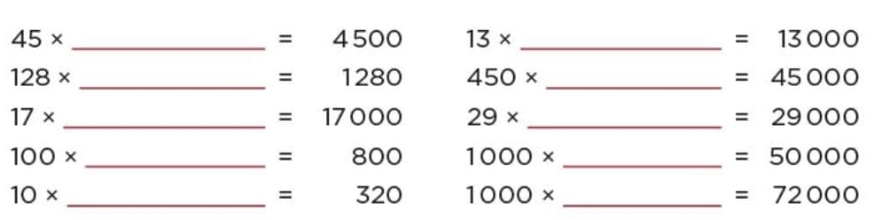 45*
=4500 13* _
=13000
_ 128*
=1280 450* _
=45000
_ 17*
=17000 29* _
=29000
_ 100*
=800 1000* _
=50000
_ 10*
=320 1000* _
=72000