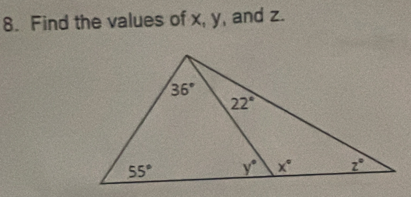 Find the values of x, y, and z.