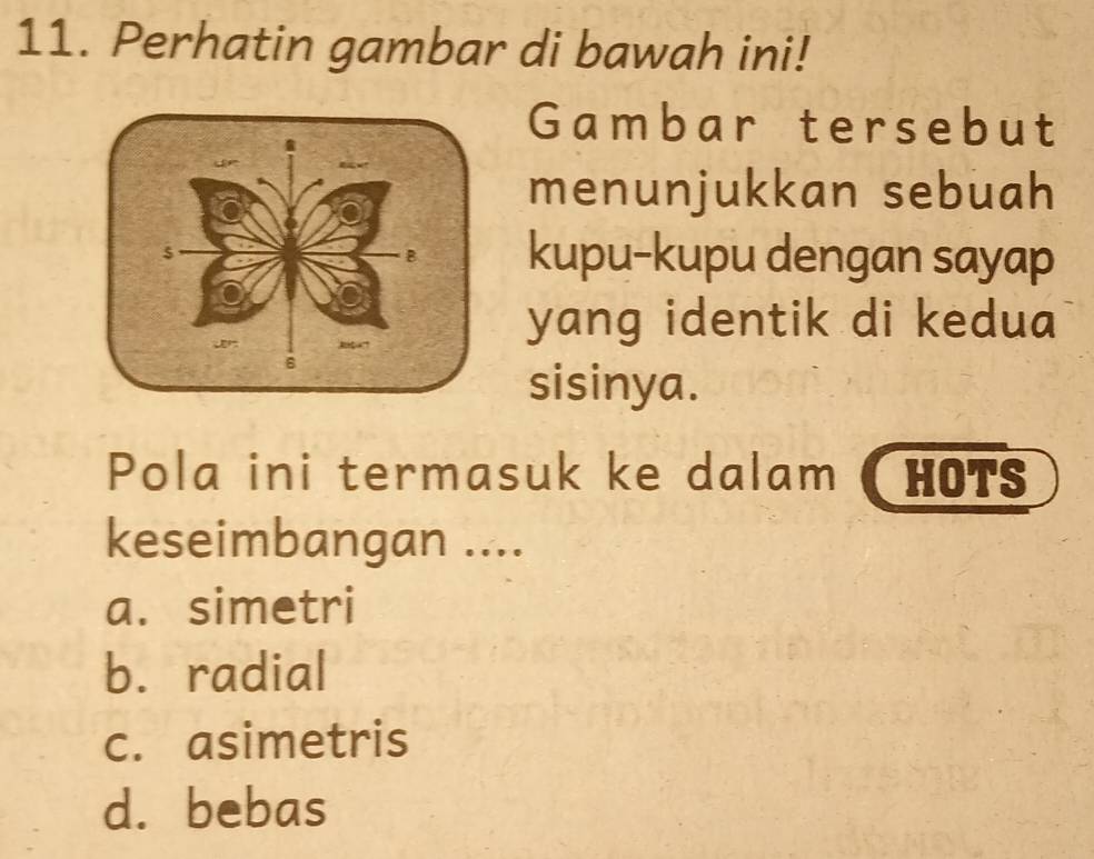 Perhatin gambar di bawah ini!
Gambar tersebut
menunjukkan sebuah
kupu-kupu dengan sayap
yang identik di kedua
sisinya.
Pola ini termasuk ke dalam ( HOTS
keseimbangan ....
a. simetri
b. radial
c. asimetris
d.bebas