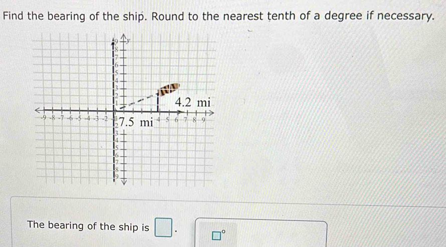 Find the bearing of the ship. Round to the nearest tenth of a degree if necessary. 
The bearing of the ship is □. □°