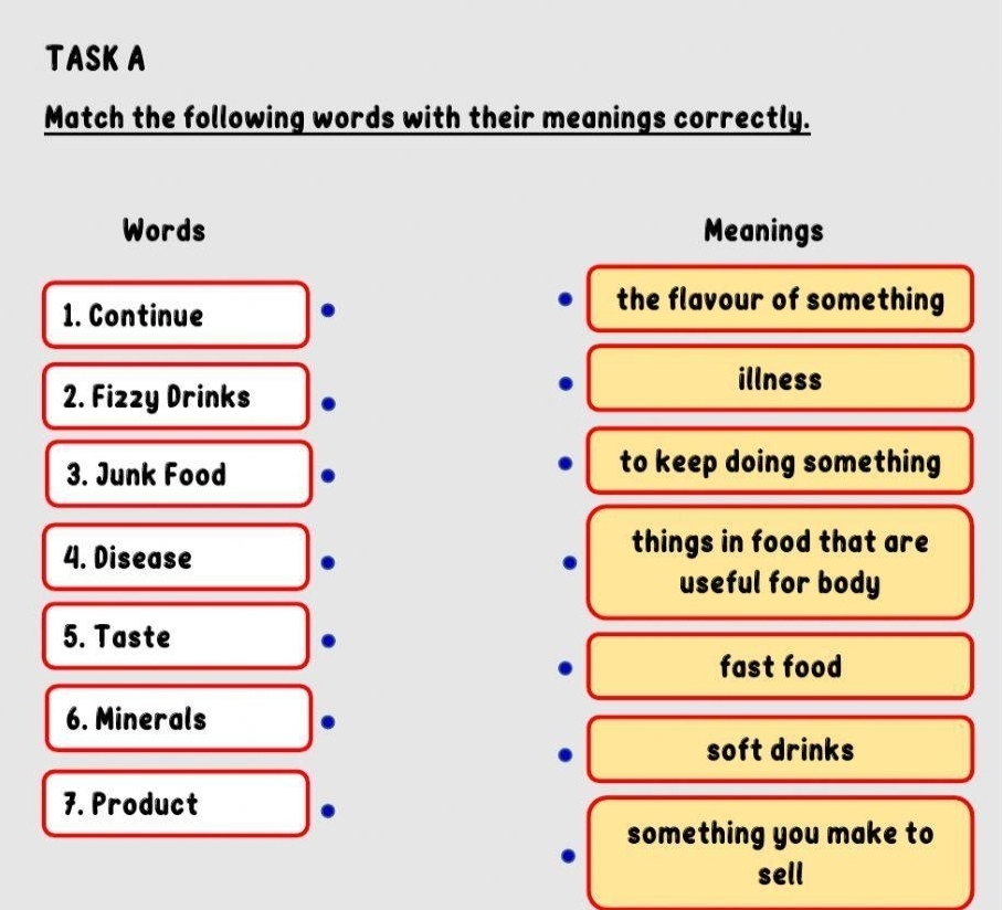 TASK A 
Match the following words with their meanings correctly. 
Words Meanings 
1. Continue 
the flavour of something 
illness 
2. Fizzy Drinks 
3. Junk Food 
to keep doing something 
4. Disease 
things in food that are 
useful for body 
5. Taste 
fast food 
6. Minerals 
soft drinks 
7. Product 
. 
something you make to 
sell