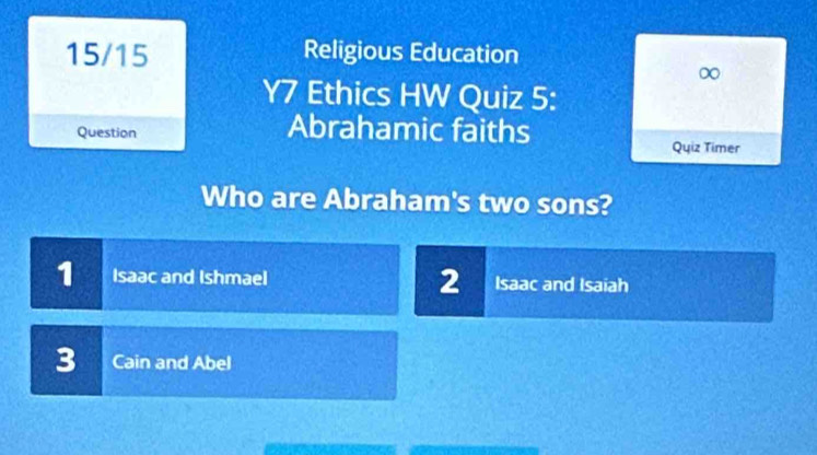 15/15 Religious Education
∞
Y7 Ethics HW Quiz 5:
Question Abrahamic faiths
Quiz Timer
Who are Abraham's two sons?
1 Isaac and Ishmael 2 Isaac and Isaiah
3 Cain and Abel