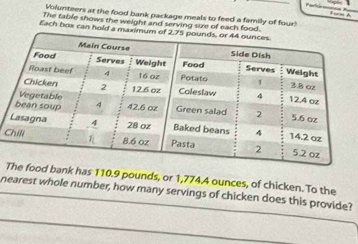 Form A 
Volunteers at the food bank package meals to feed a family of four 
The table shows the weight and serving size of each food. 
Each box can hold a max 
C 
bank has 110.9 pounds, or 1,774.4 ounces, of chicken. To the 
nearest whole number, how many servings of chicken does this provide?