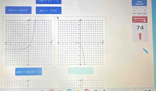 |(t)|=23=3 Tean 
elspsed
h(x)=-3(3.5)^circ  g(x)=-(3.5)^circ 
50 
Smart Score 
ot of t Q 
74
u(x)=3(2.5)^2+3
10
o