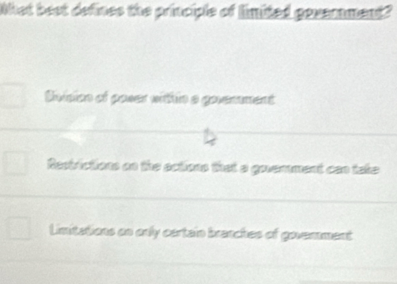 What best defines the principle of limited govemment?
Suision of poser within a govenment
Restrictions on the sctions that a govemment can take
Limitations on only cartain branches of goverment