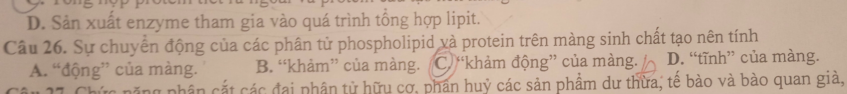 D. Sản xuất enzyme tham gia vào quá trình tổng hợp lipit.
Câu 26. Sự chuyển động của các phân tử phospholipid và protein trên màng sinh chất tạo nên tính
A. “động” của màng. B. “khảm” của màng. C. “khảm động” của màng. D. “tĩnh” của màng.
Chức năng phân cắt các đai phân tử hữu cơ, phần huỷ các sản phẩm dư thừa, tế bào và bào quan giả,