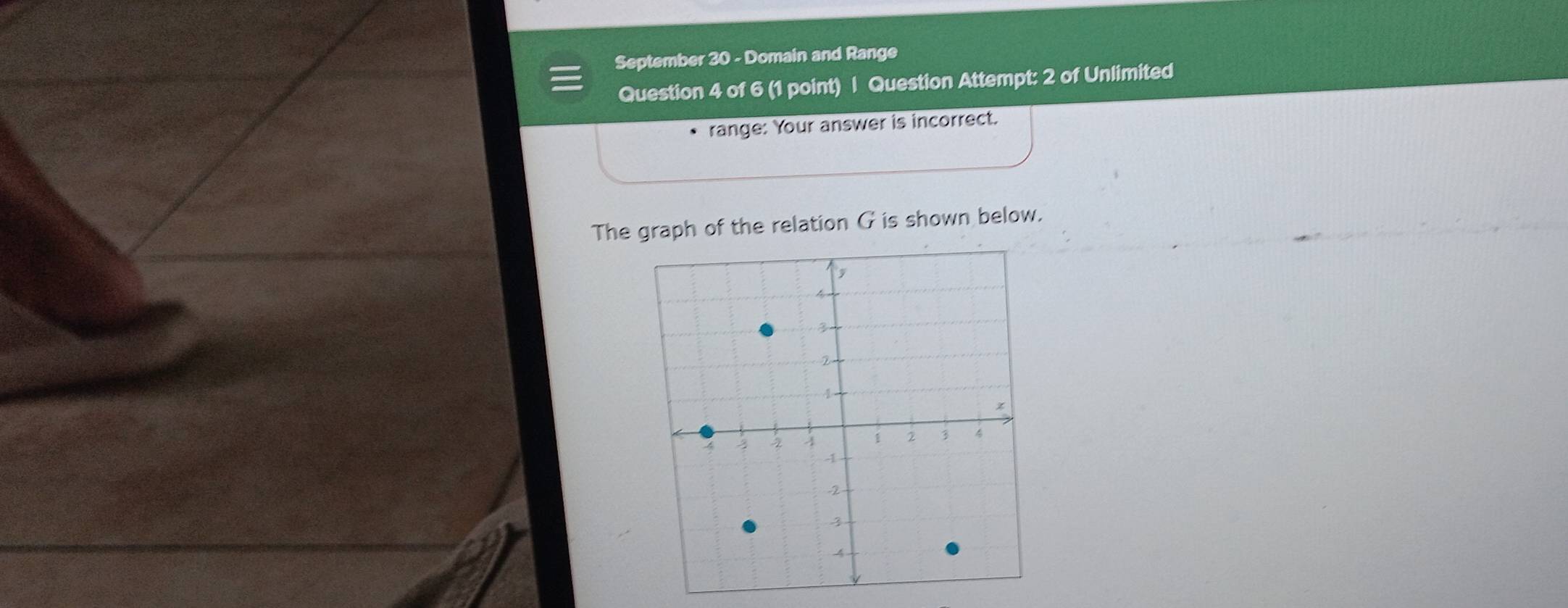 September 30 - Domain and Range 
Question 4 of 6 (1 point) | Question Attempt: 2 of Unlimited 
range: Your answer is incorrect. 
The graph of the relation G is shown below.