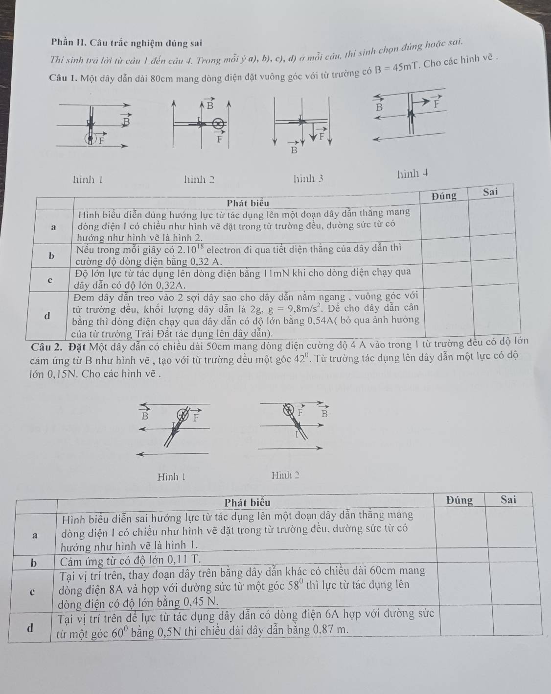 Phần II. Câu trắc nghiệm đúng sai
Thi sinh trả lời từ câu 1 đến câu 4. Trong mỗi ja),b),c),d) ) ở mỗi câu, thi sinh chọn đúng hoặc sai.
Câu 1. Một dây dẫn dài 80cm mang dòng điện đặt vuông góc với từ trường có B=45mT. Cho các hình về .
hinh 1 hinh 2 hinh 3 hinh 4
Câu 2. Đặt Một dây dẫn có chiều dài 50cm mang dòng
cảm ứng từ B như hình vẽ , tạo với từ trường đều một góc 42°. Từ trường tác dụng lên dây dẫn một lực có độ
lớn 0,15N. Cho các hình vẽ .
F B
Hinh ! Hình 2