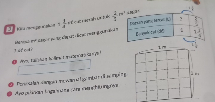 1 1/4 
3  Kita menggunakan 1 1/4  dể cat merah untuk  2/5 m^2 ar.
Berapa m^2 pagar yang dapat dicat menggunakan
_
1 m : 1 1/4 
1 de cat?
① Ayo, tuliskan kalimat matematikanya!
Periksalah dengan mewarnai gambar di samping.
1 m
Ayo pikirkan bagaimana cara menghitungnya.